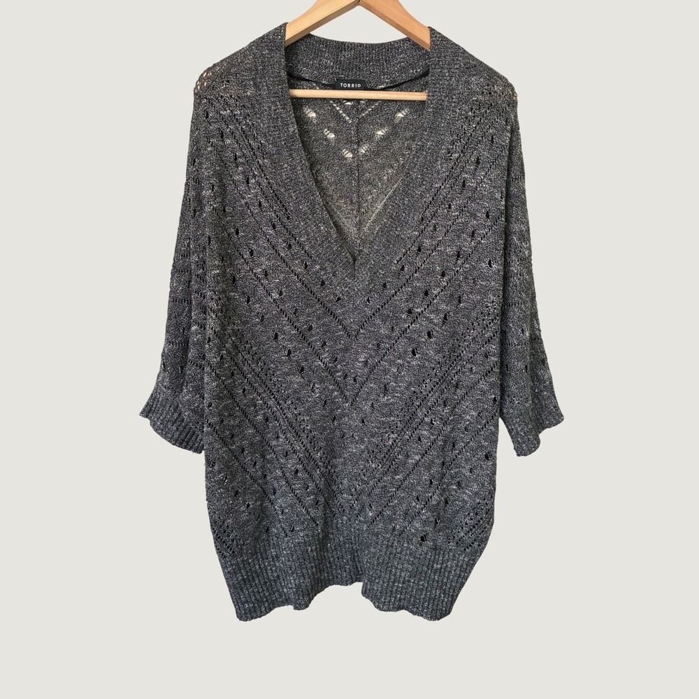 Torrid Grey Marl Pointelle Knit Oversize Grunge V-Neck Dolman Sweater Size 1